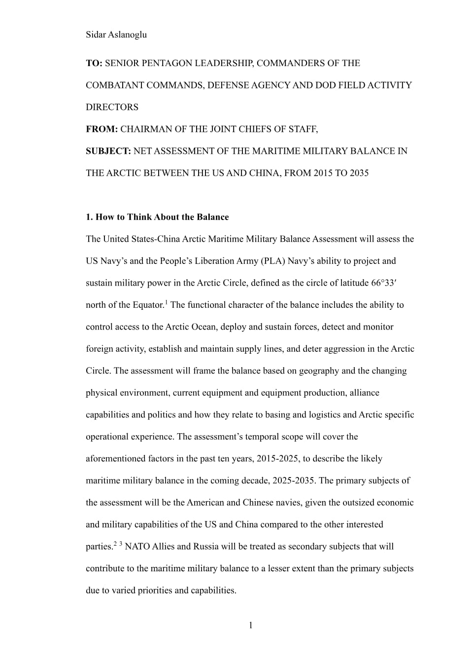 First page of Net Assessment: The US-China Maritime Balance in the Arctic, 2015-2035