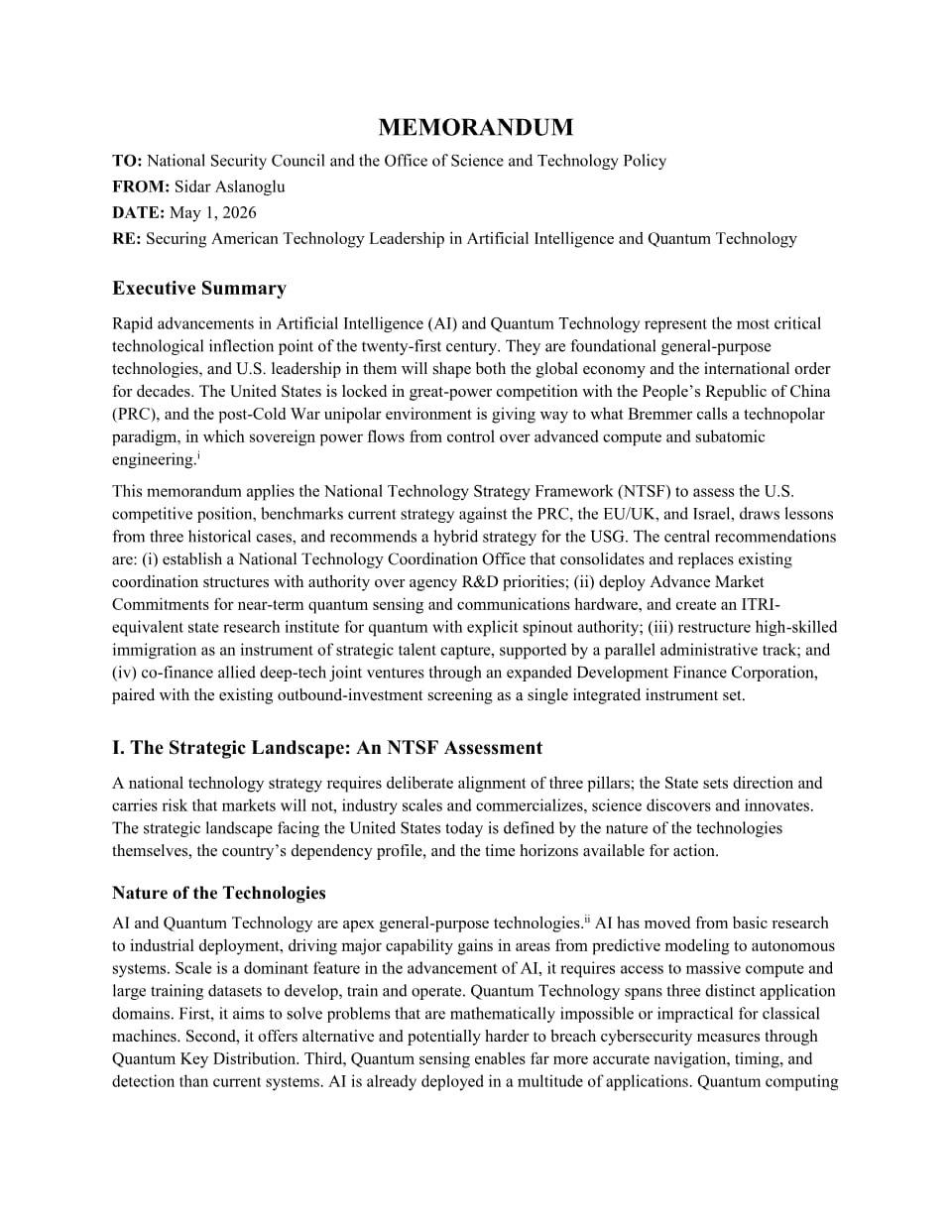 First page of Securing US Leadership in AI & Quantum